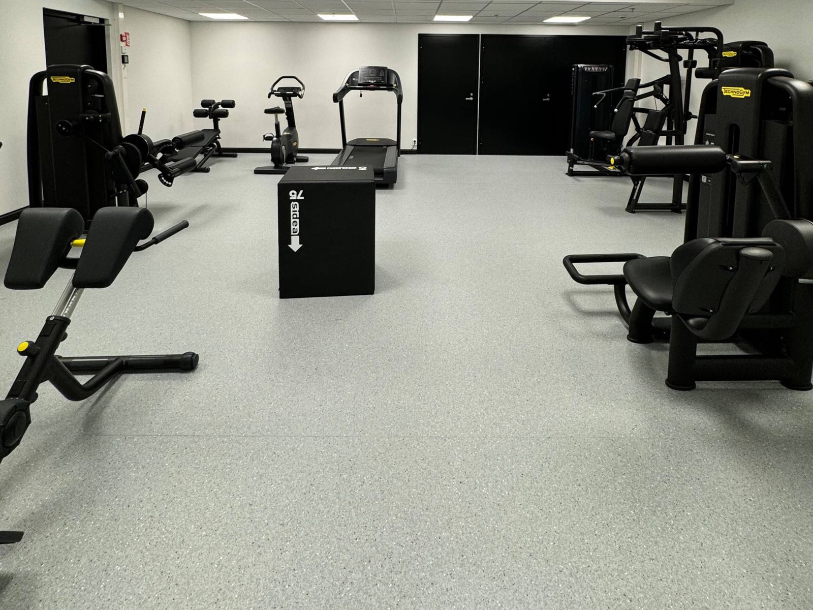 The building's gym, with strength machines on both sides and a treadmill and a stationary bike by the far wall
