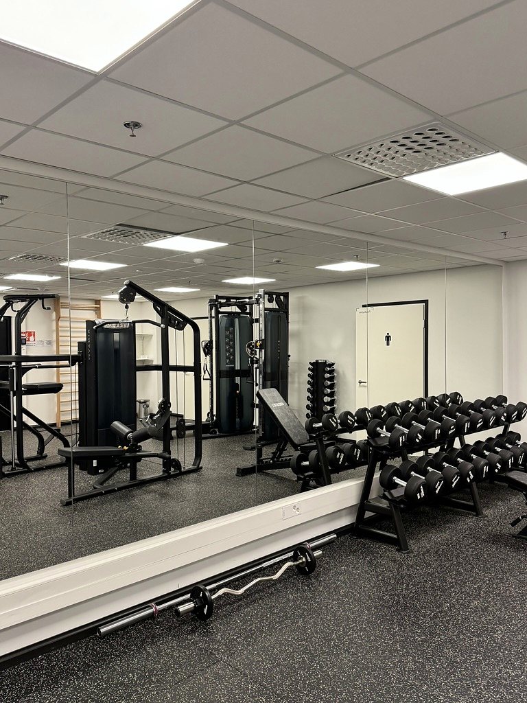 Dumbbells on racks in the building's gym