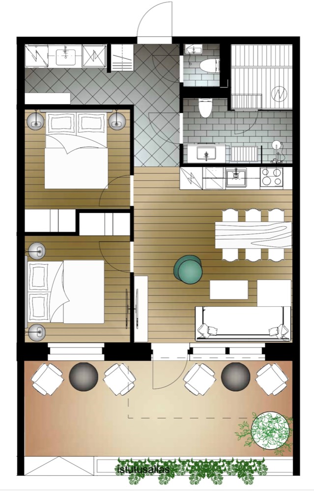 Floor plan of the apartment: the two bedrooms, the sauna, the kitchen and living room, and the terrace